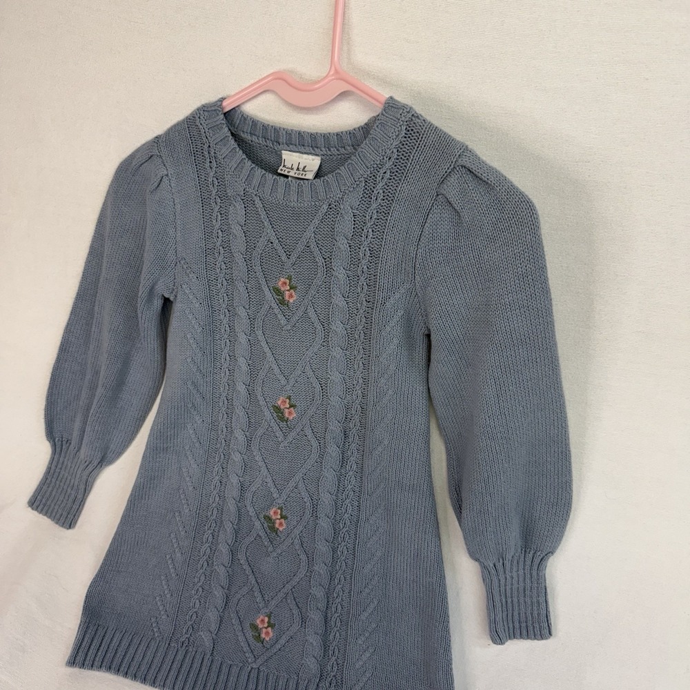 Nicole Miller NY Girls Blue Cable Knit Embroidered Crew Sweater Dress Size 5